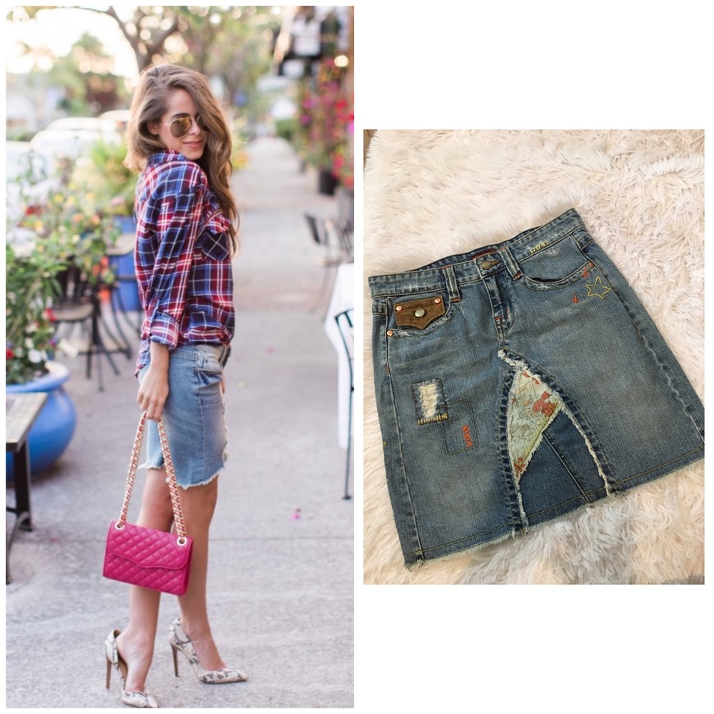 Wax Jean Denim Patched Skirt, sz S